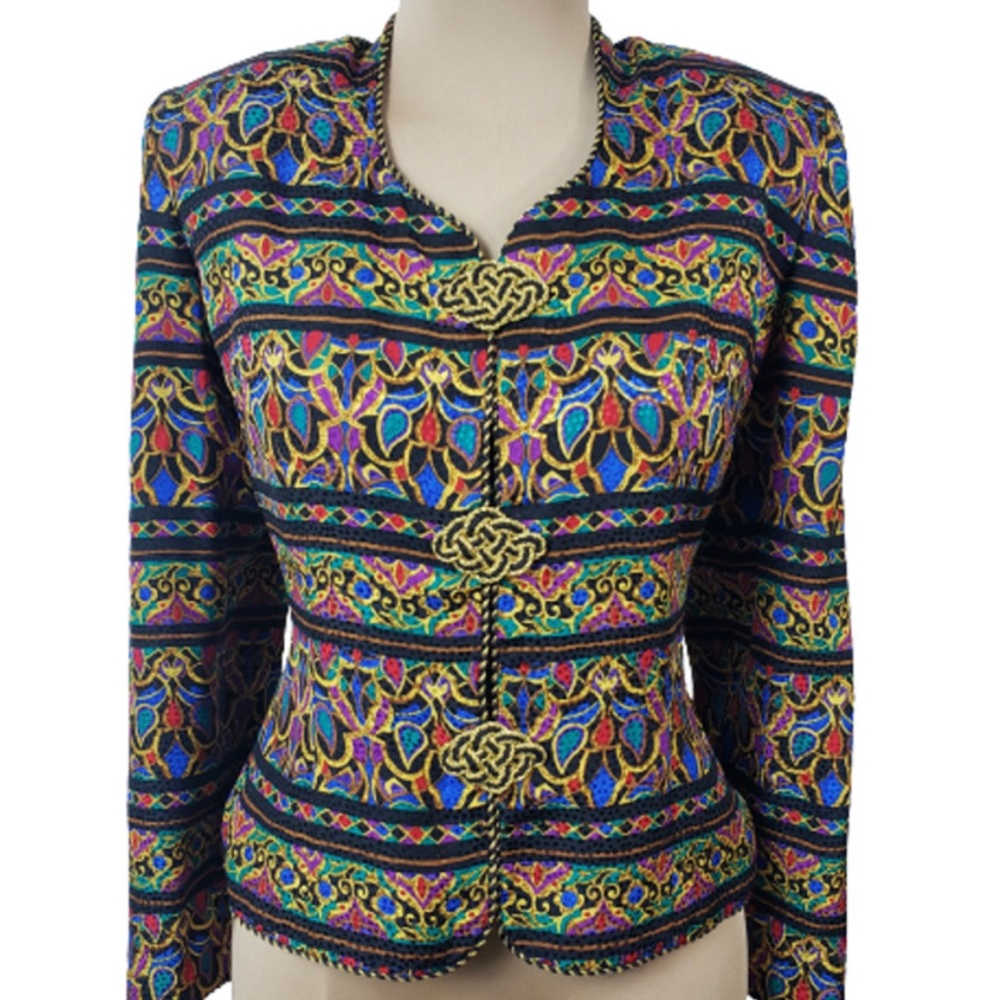 Vintage 80's Colorful Gold 100% Silk Blazer Sz 10